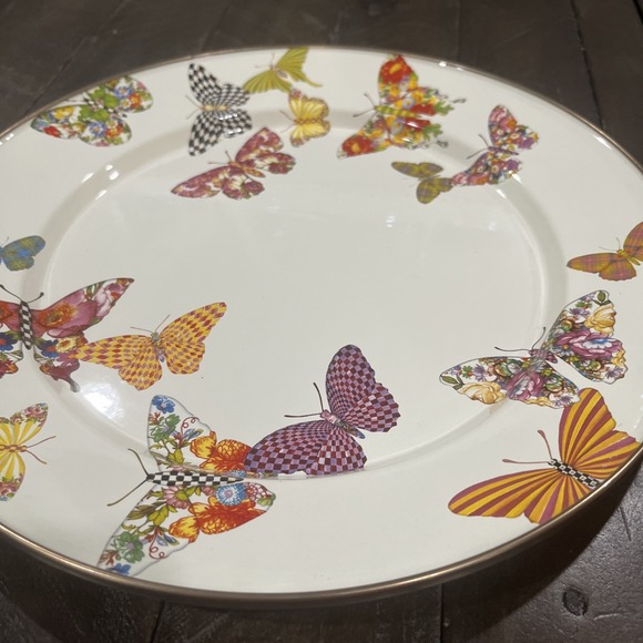 Mackenzie Childs Enamel‎ on Metal Butterfly Garden White Charger Plate 12" Rare - Picture 3 of 6